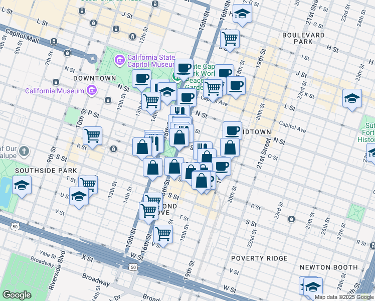 map of restaurants, bars, coffee shops, grocery stores, and more near 1620 P Street in Sacramento