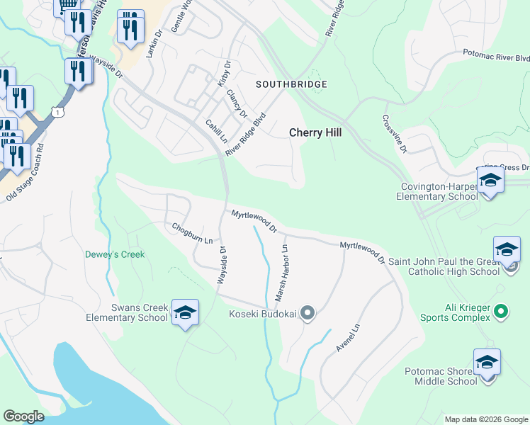 map of restaurants, bars, coffee shops, grocery stores, and more near 2974 Myrtlewood Dr in Dumfries