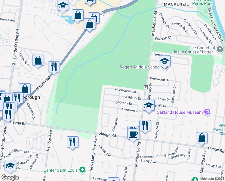 map of restaurants, bars, coffee shops, grocery stores, and more near 6600 Hurstgreen Lane in St. Louis