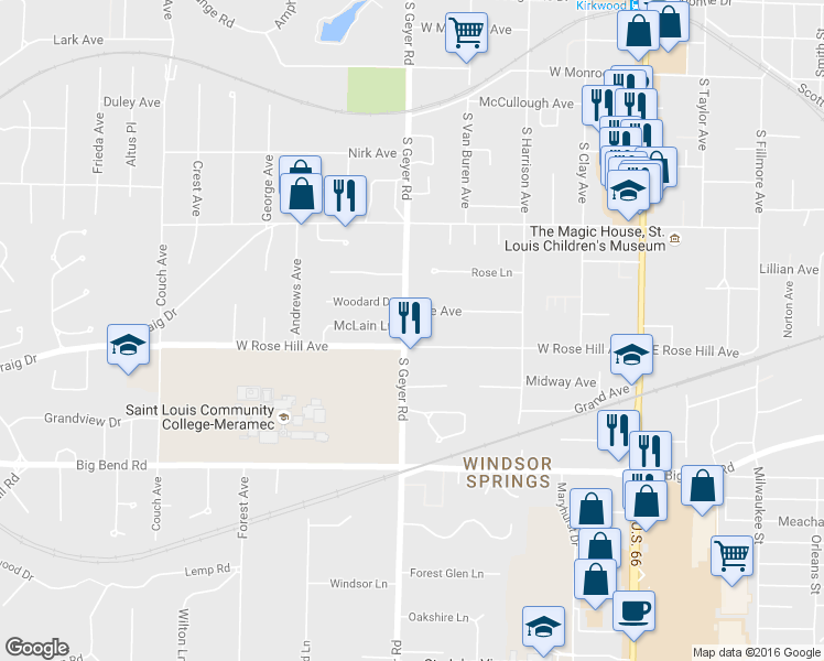 map of restaurants, bars, coffee shops, grocery stores, and more near 650 South Geyer Road in St. Louis