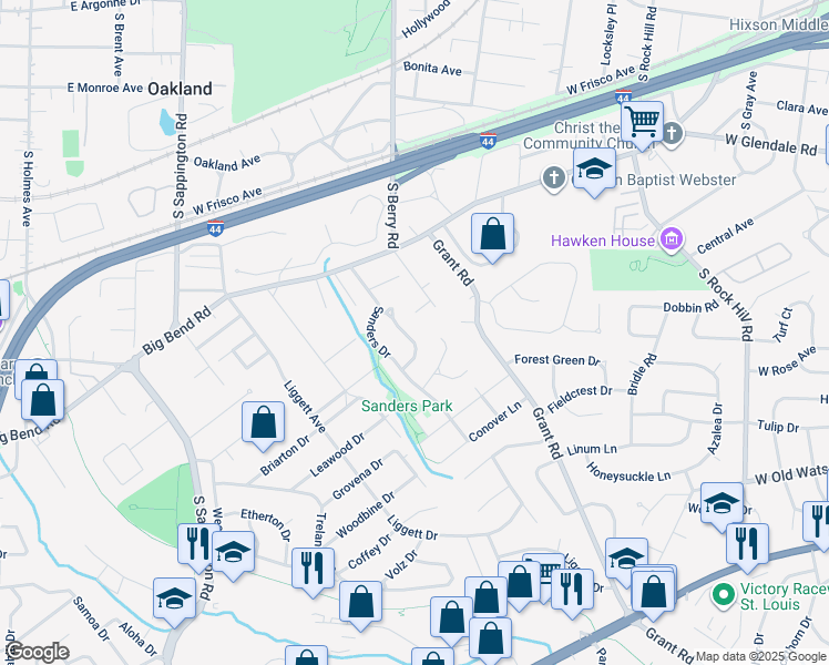 map of restaurants, bars, coffee shops, grocery stores, and more near 948 Curwood Dr in St Louis