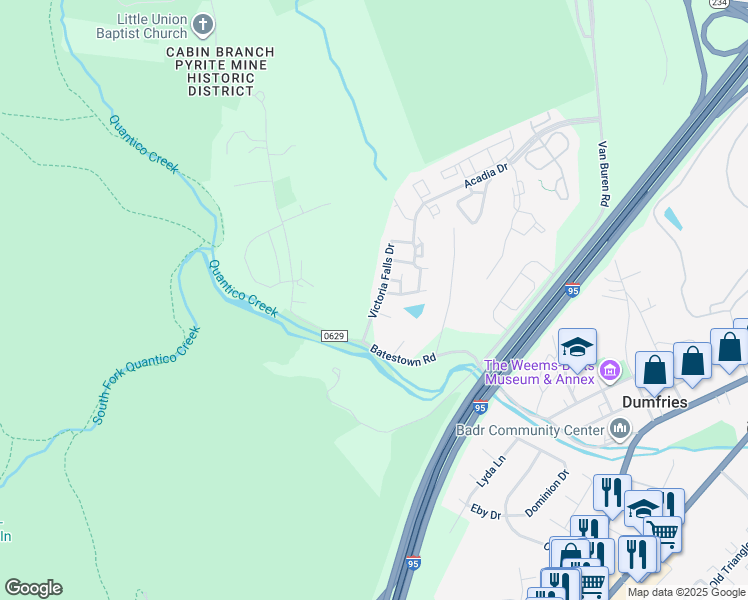 map of restaurants, bars, coffee shops, grocery stores, and more near 17588 Victoria Falls Drive in Dumfries