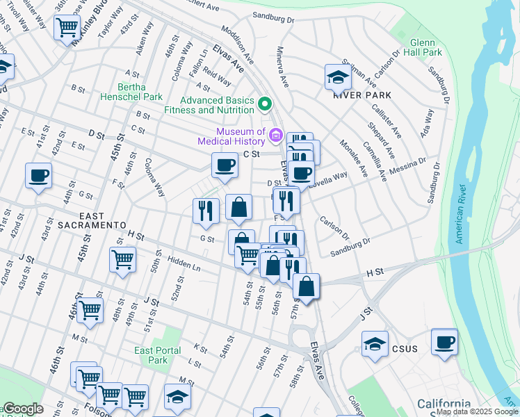 map of restaurants, bars, coffee shops, grocery stores, and more near 530 54th Street in Sacramento