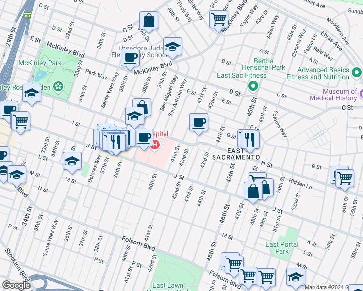 map of restaurants, bars, coffee shops, grocery stores, and more near 811 41st Street in Sacramento