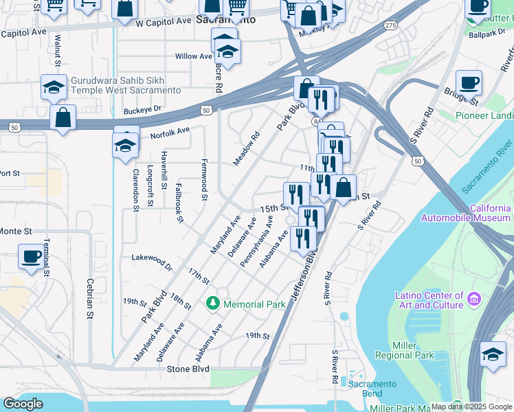 map of restaurants, bars, coffee shops, grocery stores, and more near 1191 Delaware Avenue in West Sacramento