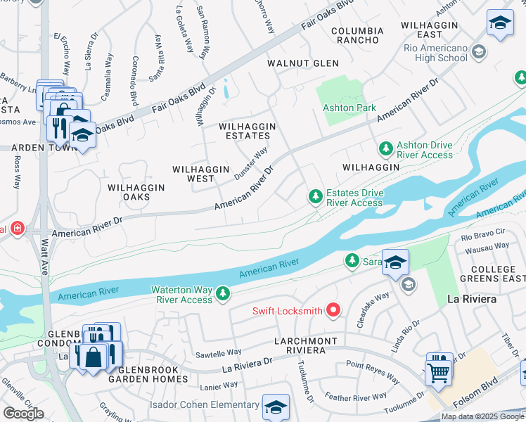 map of restaurants, bars, coffee shops, grocery stores, and more near 319 Claydon Way in Sacramento