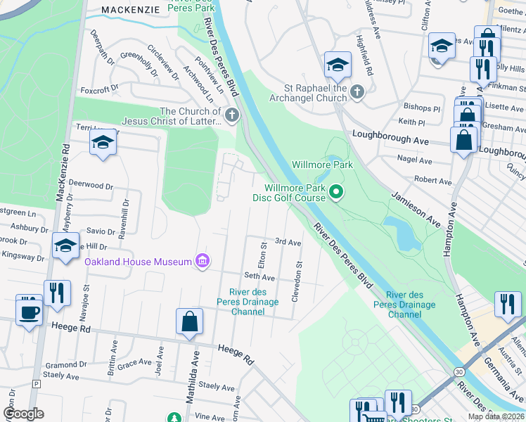 map of restaurants, bars, coffee shops, grocery stores, and more near 7613 Elton St in St Louis