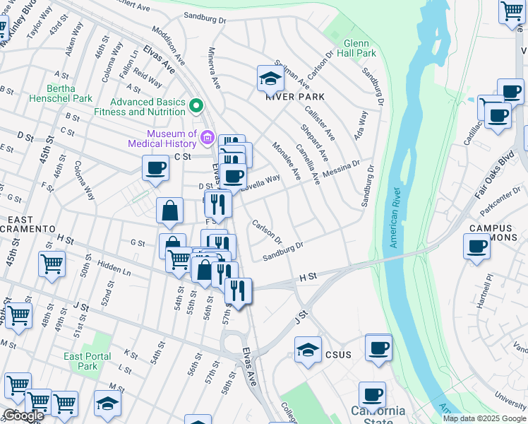 map of restaurants, bars, coffee shops, grocery stores, and more near 5614 McAdoo Avenue in Sacramento