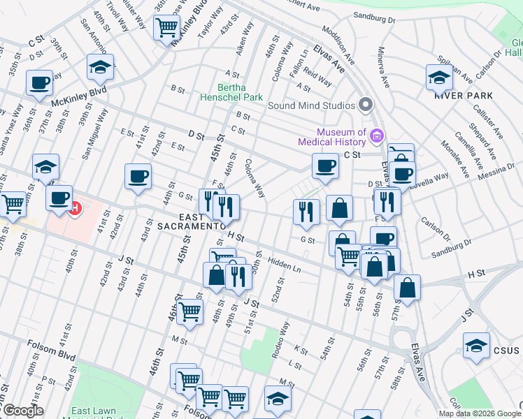 map of restaurants, bars, coffee shops, grocery stores, and more near 4975 F Street in Sacramento