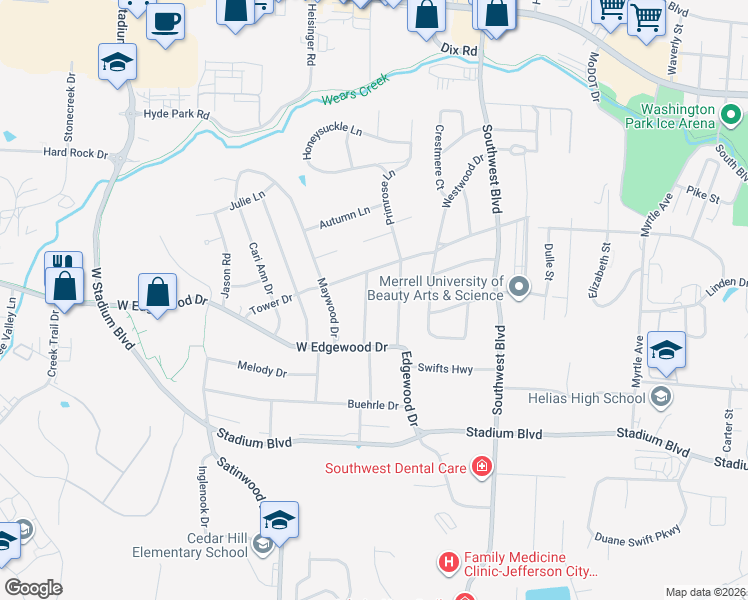 map of restaurants, bars, coffee shops, grocery stores, and more near 1025 Dogwood Drive in Jefferson City