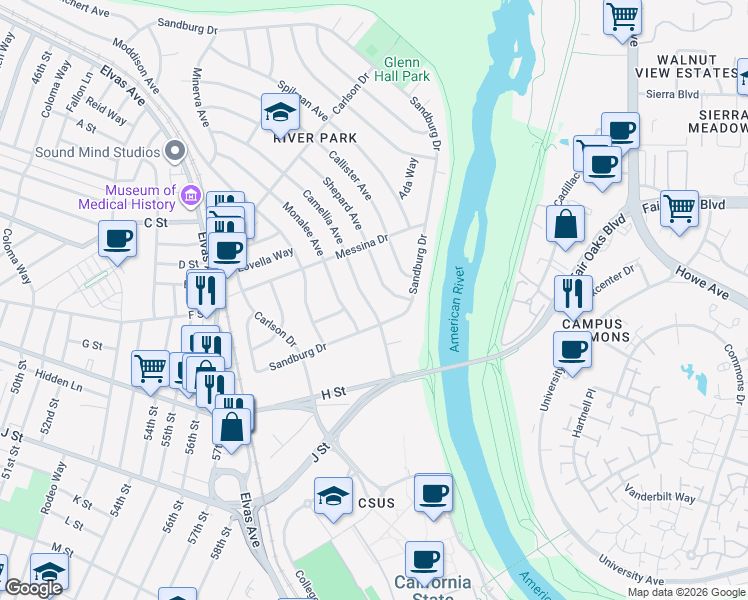 map of restaurants, bars, coffee shops, grocery stores, and more near 5907 Camellia Avenue in Sacramento