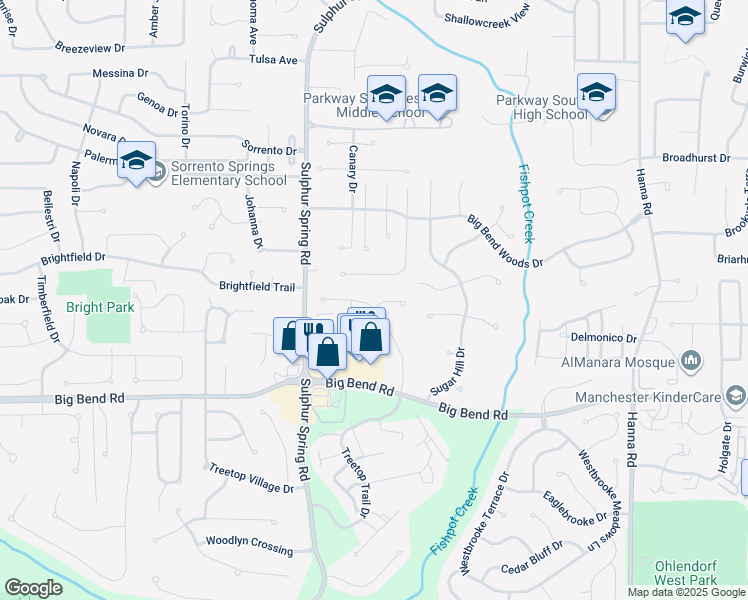 map of restaurants, bars, coffee shops, grocery stores, and more near 549 Treetop Trail Drive in Ballwin