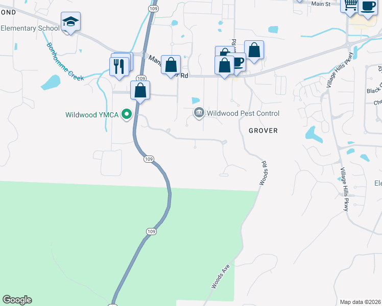 map of restaurants, bars, coffee shops, grocery stores, and more near 2717 Westridge Manor Court in Wildwood