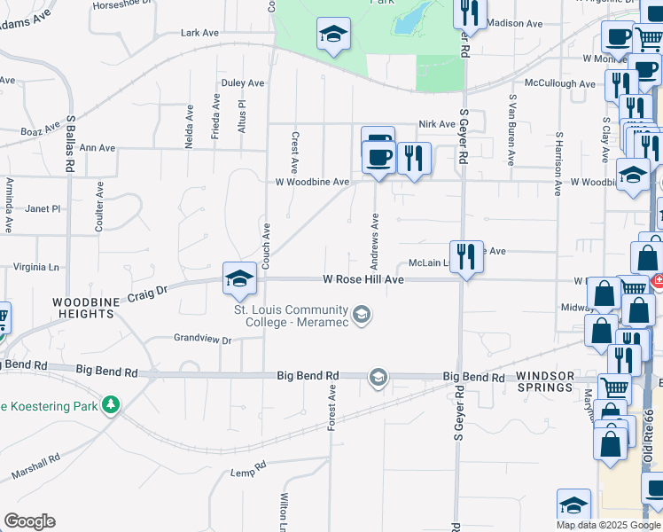 map of restaurants, bars, coffee shops, grocery stores, and more near 729 West Rose Hill Avenue in Kirkwood