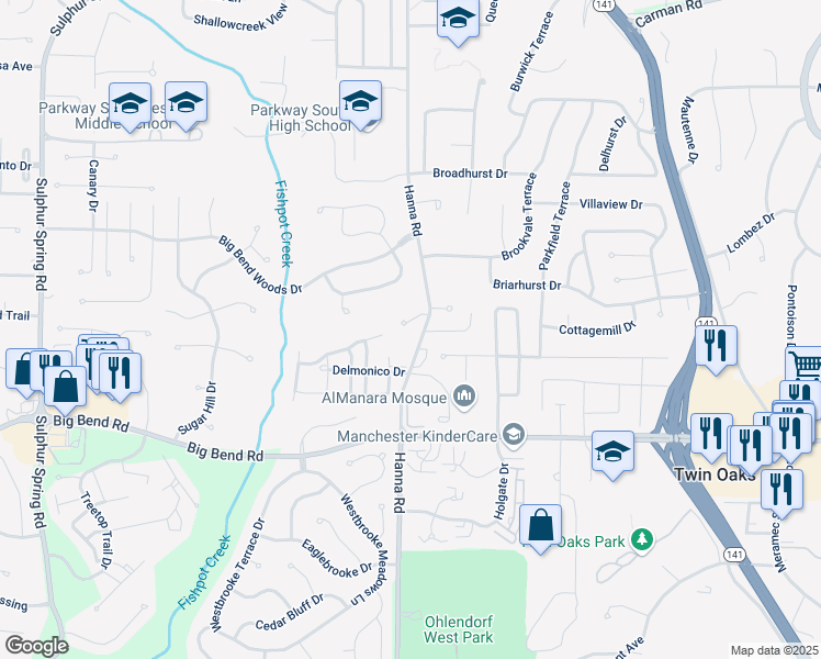 map of restaurants, bars, coffee shops, grocery stores, and more near 900 Hanna Valley Estates Drive in Ballwin