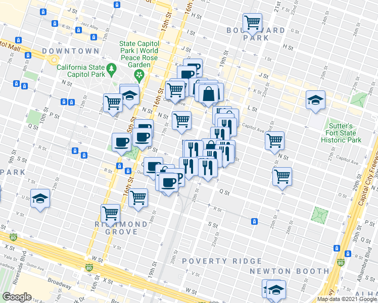 map of restaurants, bars, coffee shops, grocery stores, and more near 1519 19th Street in Sacramento