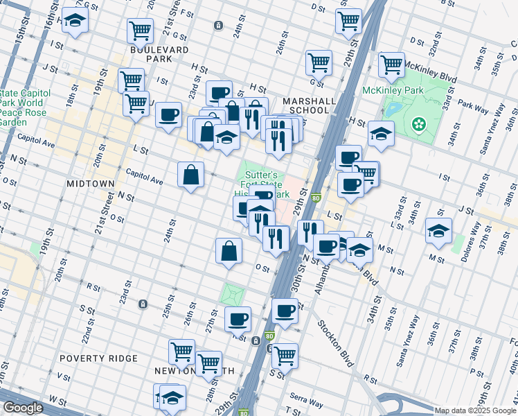 map of restaurants, bars, coffee shops, grocery stores, and more near 2711 Capitol Avenue in Sacramento
