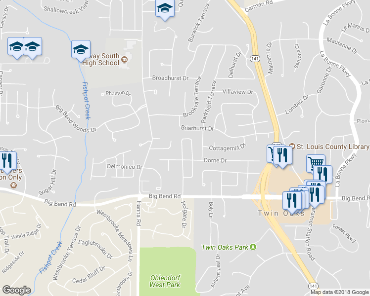 map of restaurants, bars, coffee shops, grocery stores, and more near 1108 Holgate Drive in Ballwin