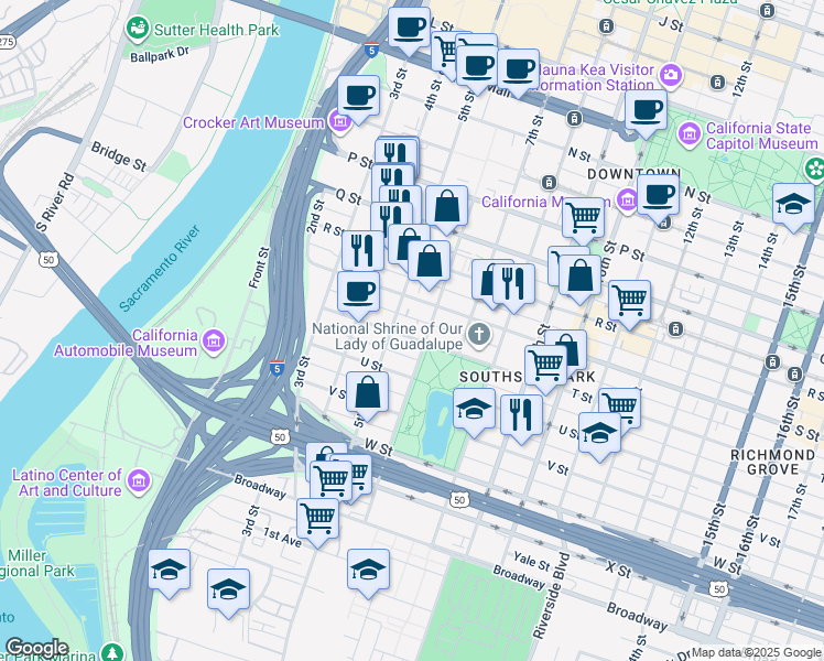 map of restaurants, bars, coffee shops, grocery stores, and more near 500 T Street in Sacramento