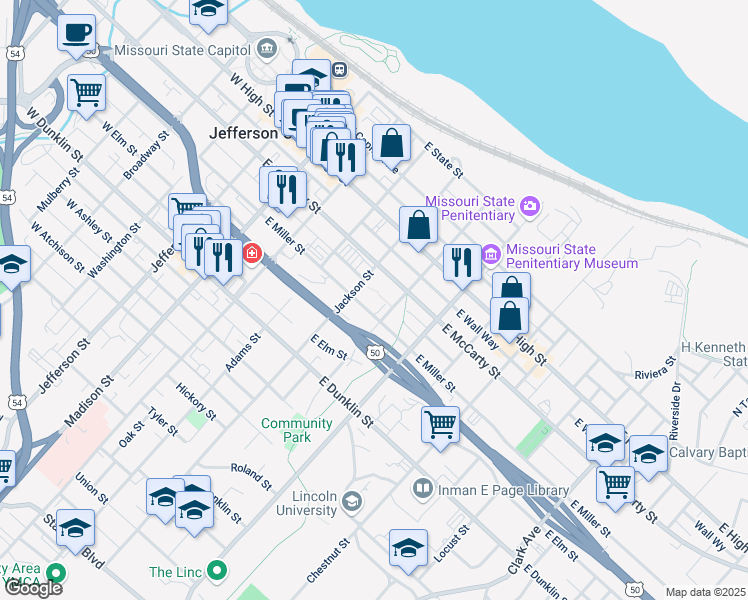 map of restaurants, bars, coffee shops, grocery stores, and more near 501 East Miller Street in Jefferson City