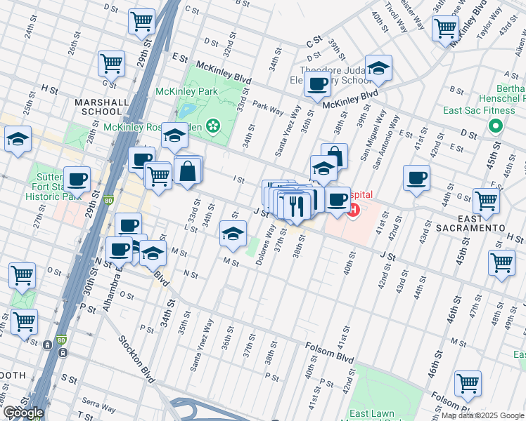 map of restaurants, bars, coffee shops, grocery stores, and more near 3571 J Street in Sacramento