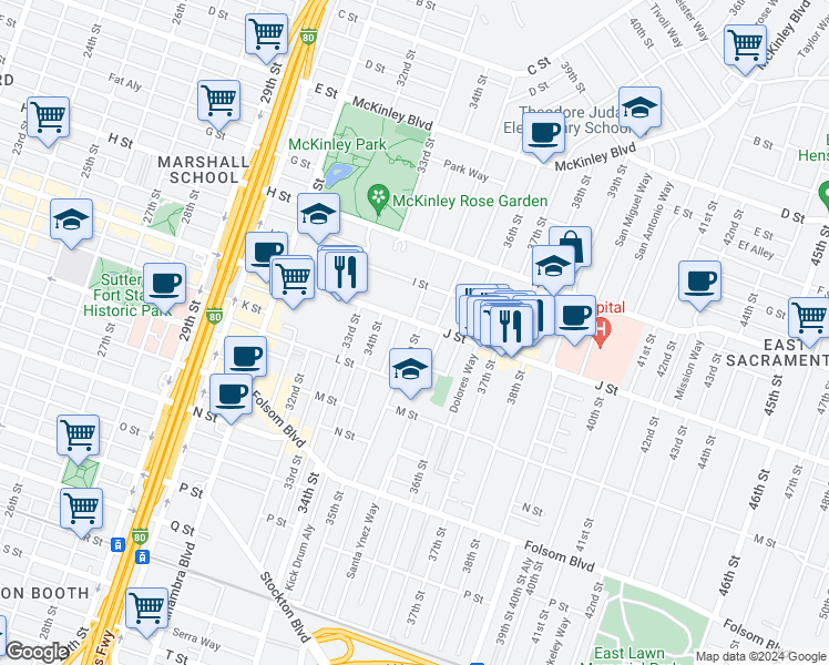 map of restaurants, bars, coffee shops, grocery stores, and more near 3504 J Street in Sacramento