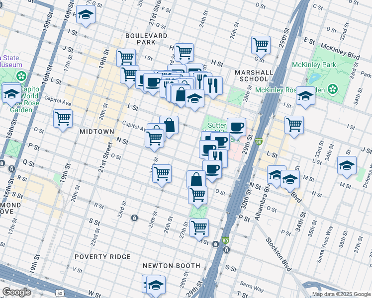 map of restaurants, bars, coffee shops, grocery stores, and more near 2507 Matsui Alley in Sacramento