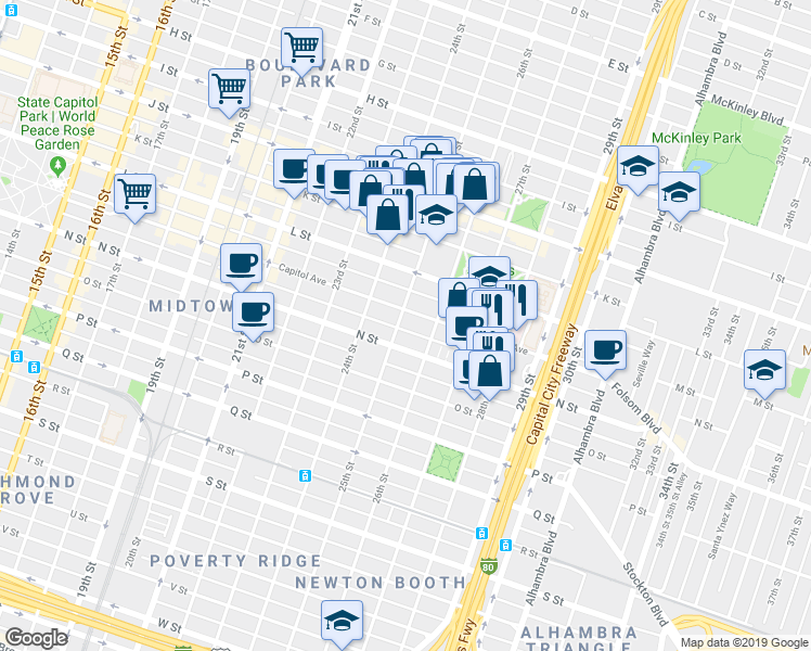 map of restaurants, bars, coffee shops, grocery stores, and more near 2507 Matsui Alley in Sacramento