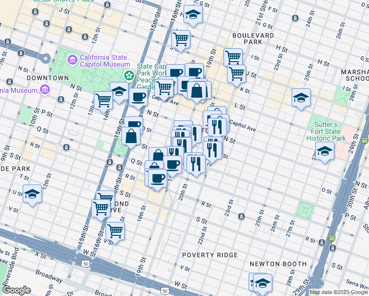 map of restaurants, bars, coffee shops, grocery stores, and more near 1519 19th Street in Sacramento