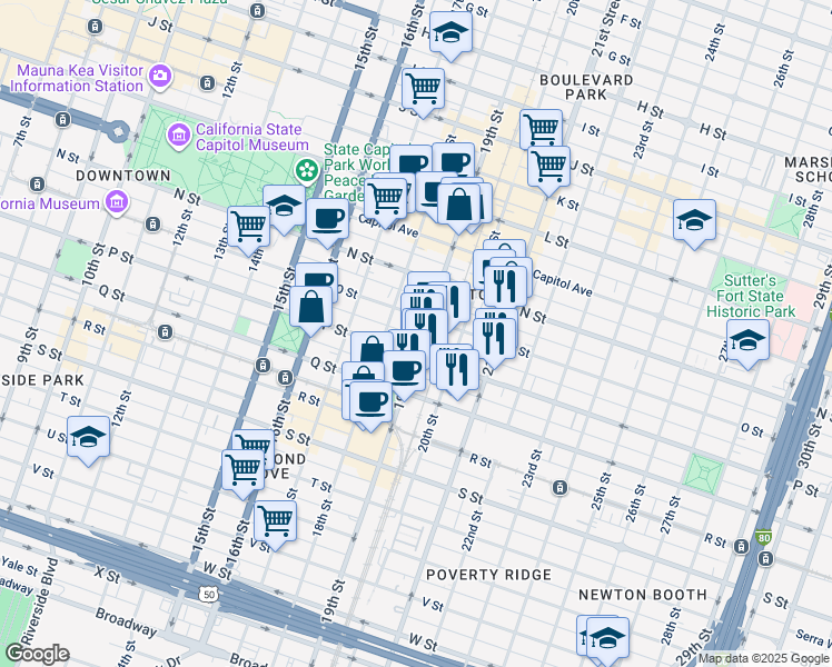 map of restaurants, bars, coffee shops, grocery stores, and more near 1519 19th Street in Sacramento
