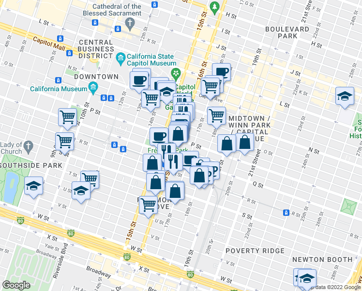 map of restaurants, bars, coffee shops, grocery stores, and more near 1609 16th Street in Sacramento