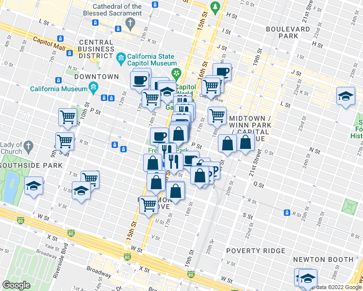 map of restaurants, bars, coffee shops, grocery stores, and more near 1606 P Street in Sacramento