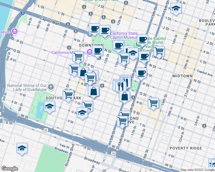 map of restaurants, bars, coffee shops, grocery stores, and more near 1711 13th Street in Sacramento