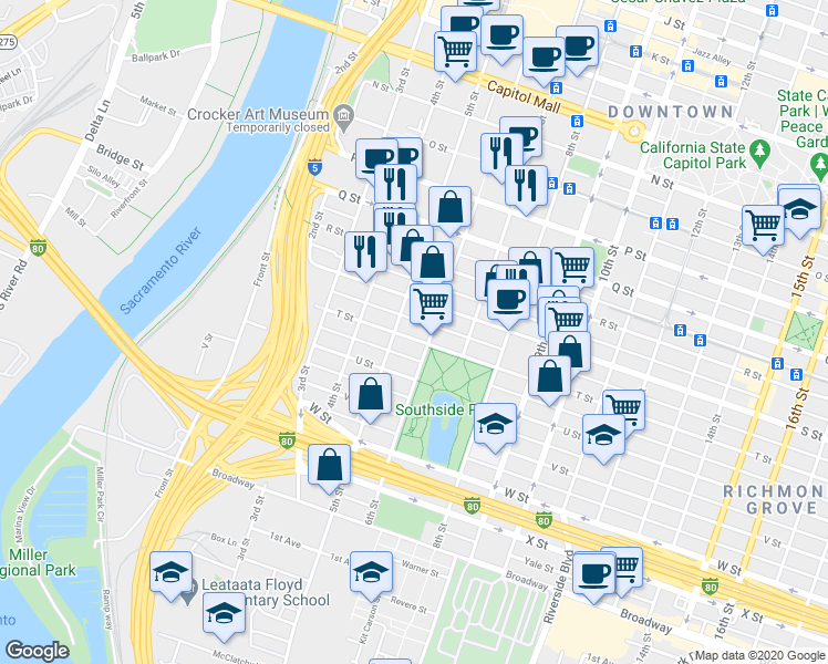 map of restaurants, bars, coffee shops, grocery stores, and more near 500 T Street in Sacramento