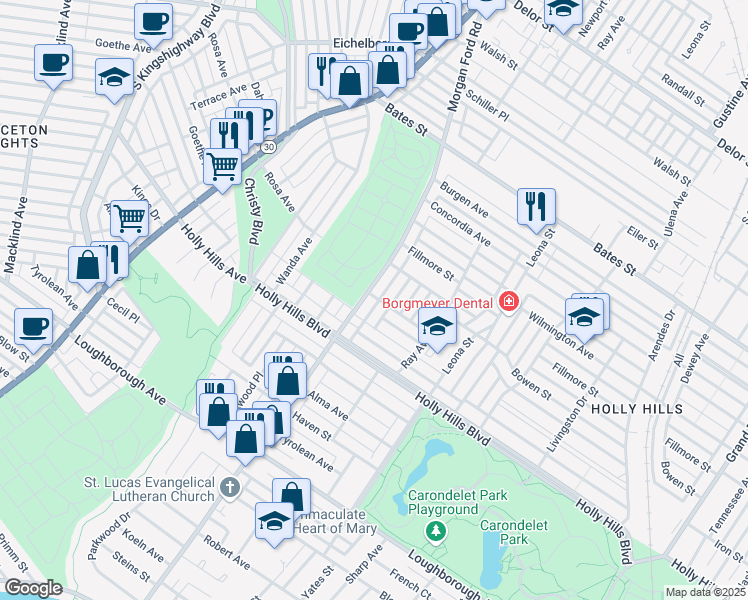 map of restaurants, bars, coffee shops, grocery stores, and more near 6137 Adkins Avenue in St. Louis