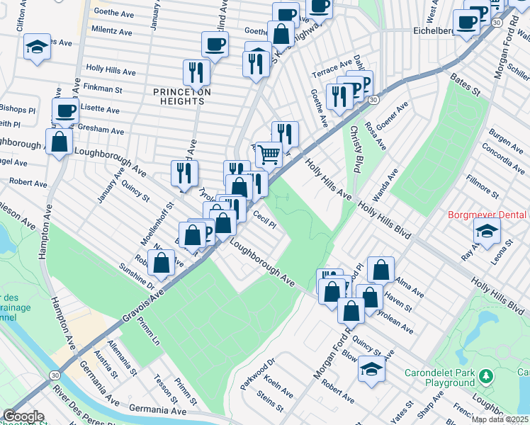 map of restaurants, bars, coffee shops, grocery stores, and more near in St. Louis