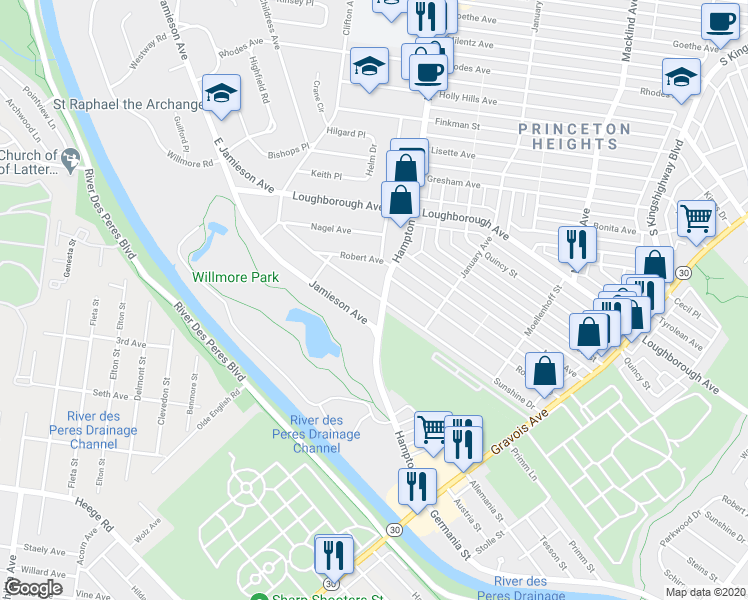 map of restaurants, bars, coffee shops, grocery stores, and more near 5821 Sunshine Drive in St. Louis