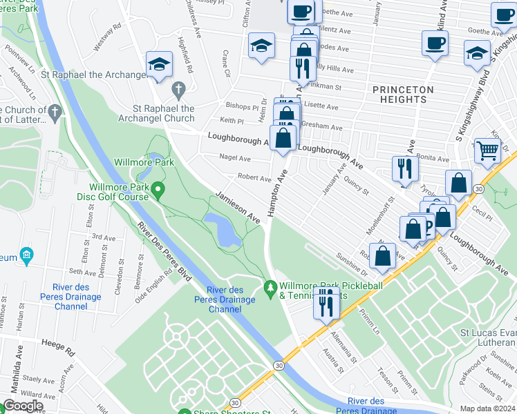 map of restaurants, bars, coffee shops, grocery stores, and more near 5821 Sunshine Drive in St. Louis