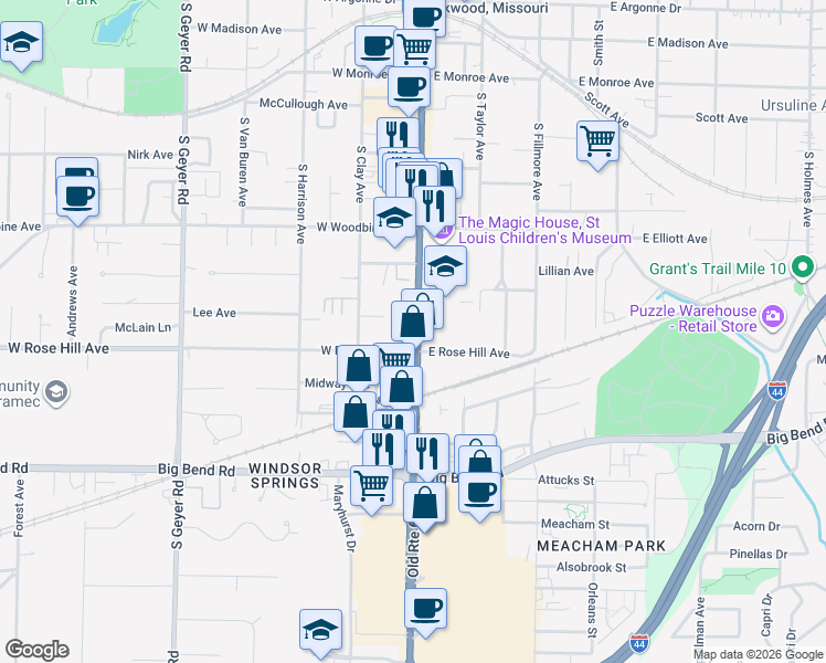 map of restaurants, bars, coffee shops, grocery stores, and more near 712 South Kirkwood Road in Kirkwood