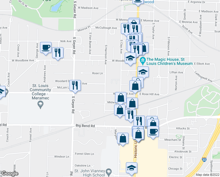 map of restaurants, bars, coffee shops, grocery stores, and more near 611 South Harrison Avenue in Kirkwood