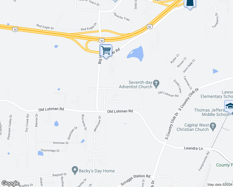 map of restaurants, bars, coffee shops, grocery stores, and more near 1104 Charm Tree Court in Jefferson City