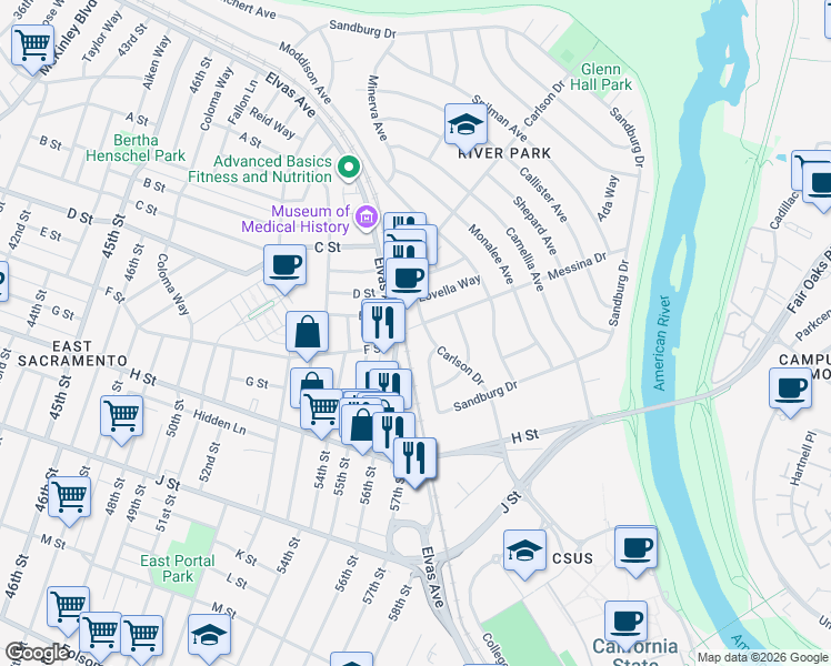 map of restaurants, bars, coffee shops, grocery stores, and more near 5502 Carlson Drive in Sacramento