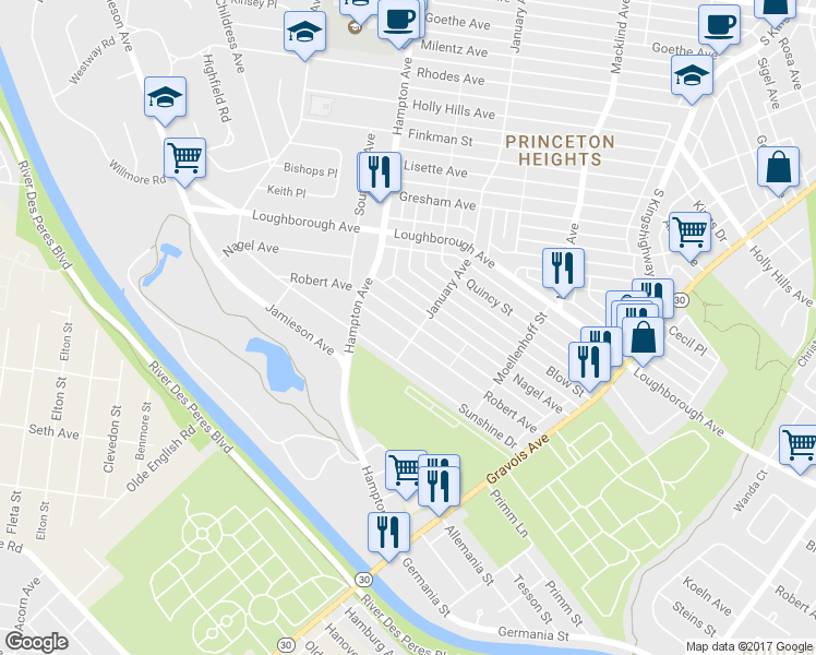 map of restaurants, bars, coffee shops, grocery stores, and more near 5407 Robert Avenue in St. Louis