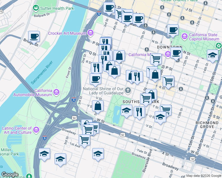 map of restaurants, bars, coffee shops, grocery stores, and more near 500 T Street in Sacramento
