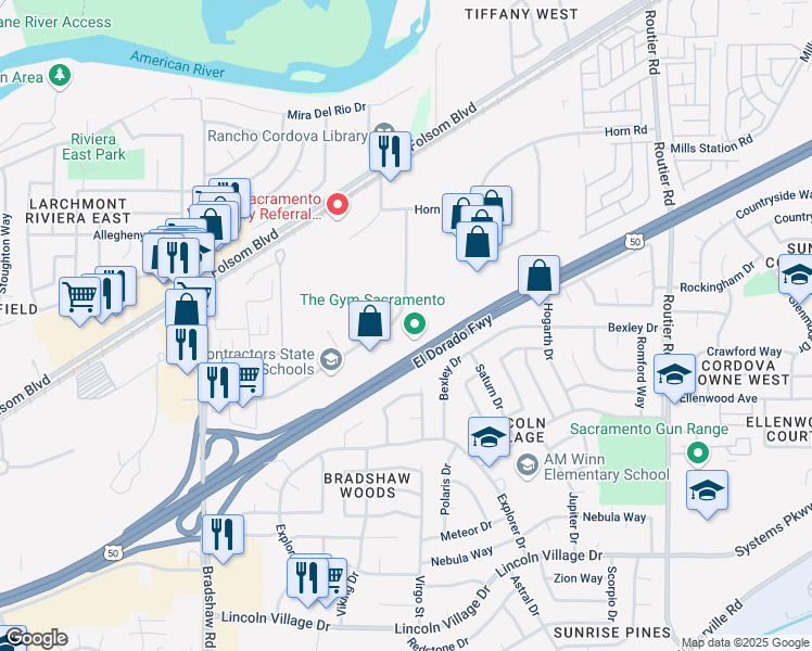 map of restaurants, bars, coffee shops, grocery stores, and more near 9840 Business Park Drive in Sacramento