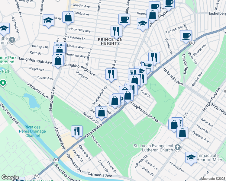 map of restaurants, bars, coffee shops, grocery stores, and more near 4981 Quincy Street in St. Louis