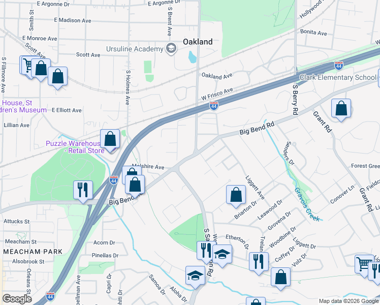 map of restaurants, bars, coffee shops, grocery stores, and more near 9746 Big Bend Road in St. Louis