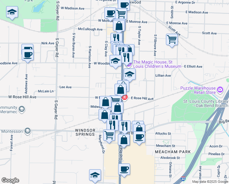 map of restaurants, bars, coffee shops, grocery stores, and more near 711 South Kirkwood Road in Kirkwood