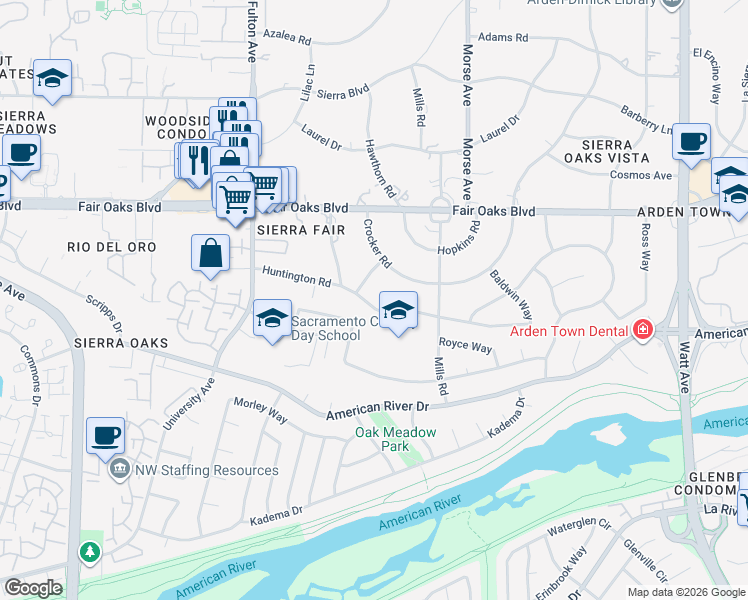 map of restaurants, bars, coffee shops, grocery stores, and more near 2751 Huntington Road in Sacramento