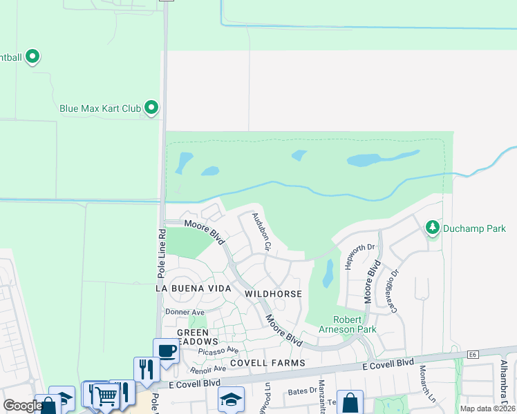 map of restaurants, bars, coffee shops, grocery stores, and more near 2975 Audubon Circle in Davis